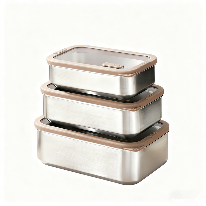 Set 3 cutii depozitare alimentara, otel inoxidabil, capac sticla, rezistente scurgere, suprapunibile, 700/1000/1650 ml
