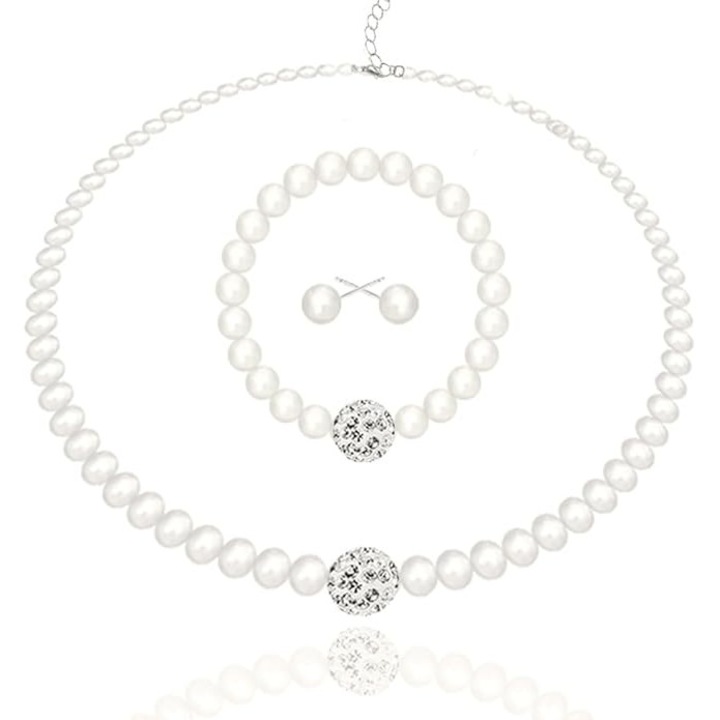 Set 3 bijuterii din perle artificiale, colier, cercei, bratara, design vintage