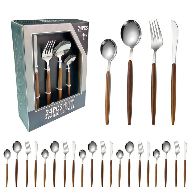 Set de argenterie de 24 piese pentru 6 persoane, auriu, din otel inoxidabil rezistent, design modern, cutite/furculite/linguri, polizare oglinda, spalat in masina