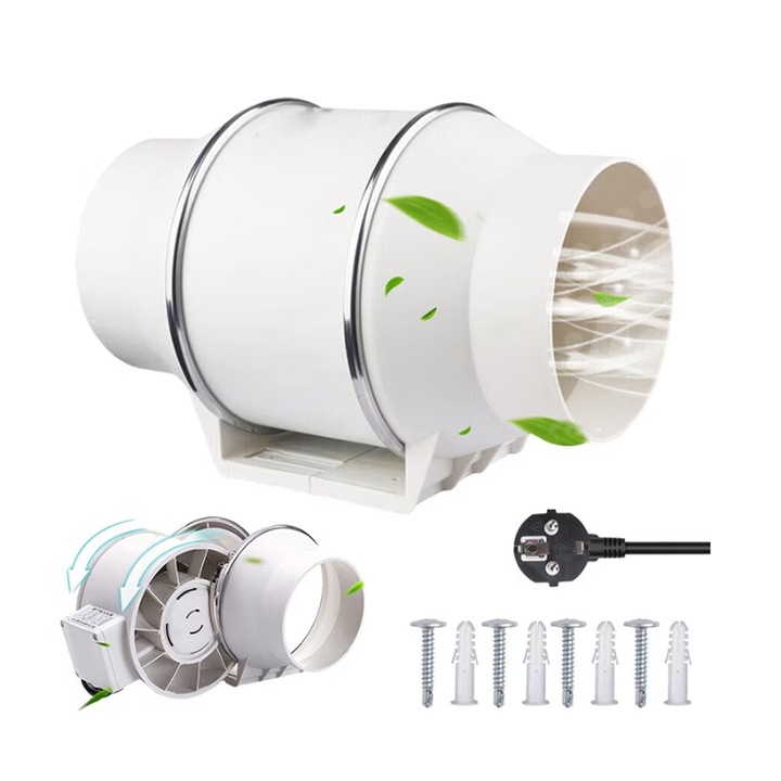 Ventilator evacuare pentru spatii comerciale, Rqiurpn, zgomot redus, aplicabilitate comerciala si rezidentiala, 4 inch, 2600 RPM, 45W, 310m/h, 310x230mm, ABS, alb