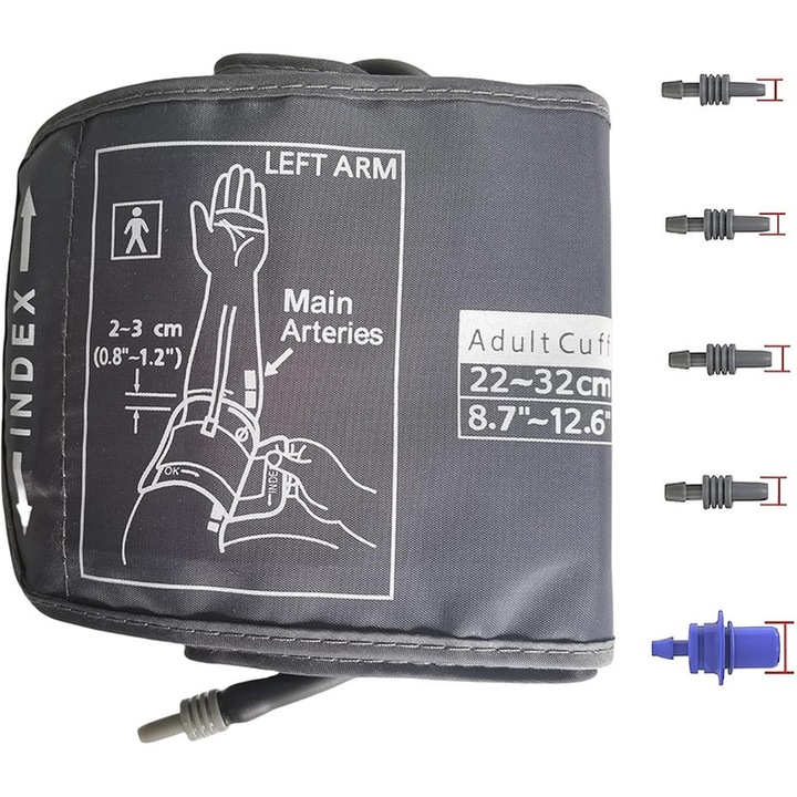 Manseta pentru tensiometru de brat, Omelivon, model universal, reglabila, reutilizabila, pentru brat 22-52cm, Gri, Conectori medii+ 5