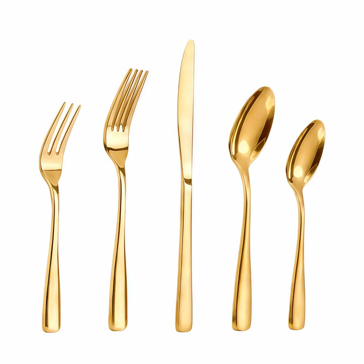 Set de 60 de piese de argenterie aurie din otel inoxidabil, cu manere rotunde de stil modern, finisaj polizat oglinda, spalat in masina, potrivit pentru 12 persoane