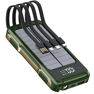Baterie externa solara BUMMER 10000 mAh, 4 cabluri incluse, LED Display, Verde Mat