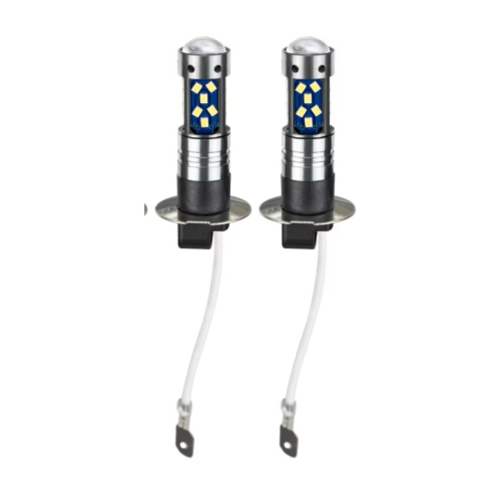 Becuri LED Auto H3 cu Lupa, 60W, 27 SMD, 6000K, 12V – Set 2 Bucati