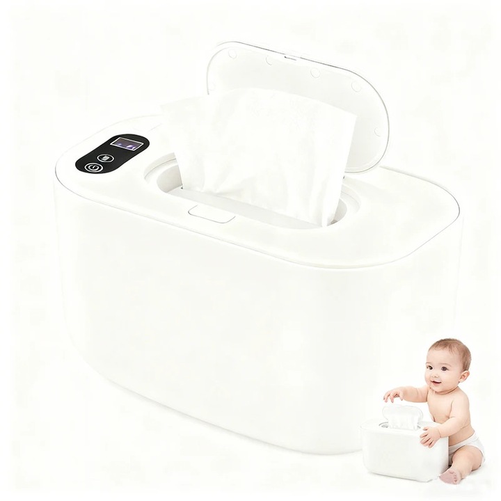 Incalzitor servetele umede, Garsonal®, 5 niveluri de incalzire, ideal pentru bebelusi, incalzire rapida in 30 de secunde, panou tactil, fara BPA, Alb