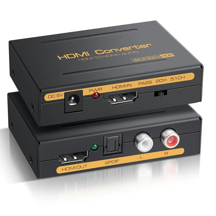 HDMI 4K Audio Splitter, Garsonal®, TAdaptor HDMI la HDMI + audio (SPDIF + L/R stereo), 1x Adaptor, 1x USB, 1x Instructiuni de utilizare, Negru | Portocaliu