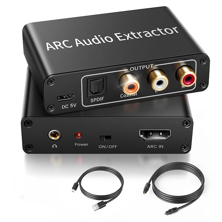Adaptor HDMI ARC, Garsonal®, 192kHz, extractor audio ARC, Cu optica digitala TOSLINK SPDIF/coaxial si analogic 3.5mm L/R stereo, HDMI ARC la RCA Audio Converter compatibil, Negru