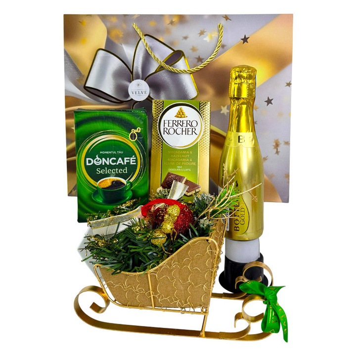 Pachet Christmas Delight, cafea Doncafe Selected, ciocolata Ferrero Rocher, Bottega Gold 200 ml si Sanie Decorativa 15x10 cm, in punga cadou, Velve