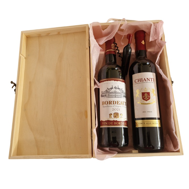 Pachet cadou vin Bordeaux & Chianti, tirbuson multifunctional, cutie lemn natur