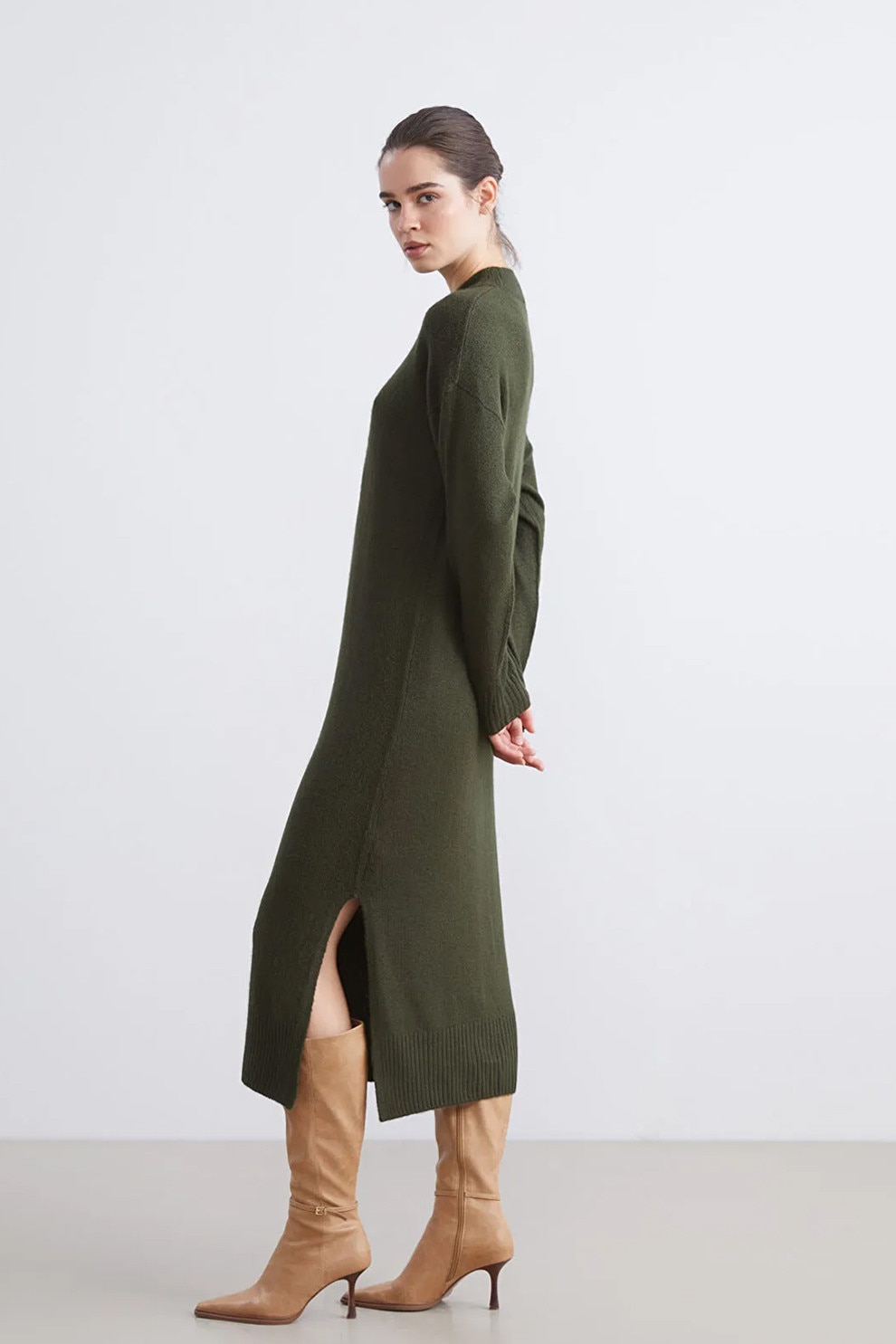 LC WAIKIKI, Rochie-pulover cu slit, Verde padure, M