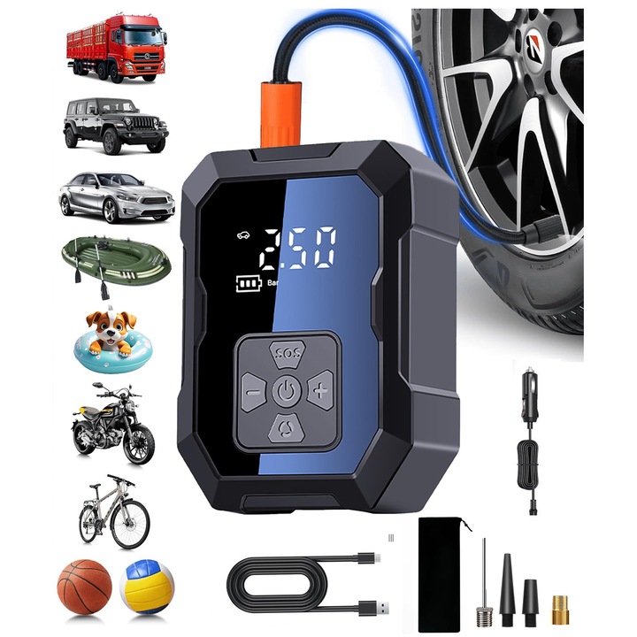 Compresor auto digital cu acumulator, Acumulator 4000 mAh, Reincarcabil USB, lanterna LED, lumina SOS, Display LED, portabil, Pneuri Masina, Moto, Bicicleta, Saltea, cu Husa, OUYLAF, negru