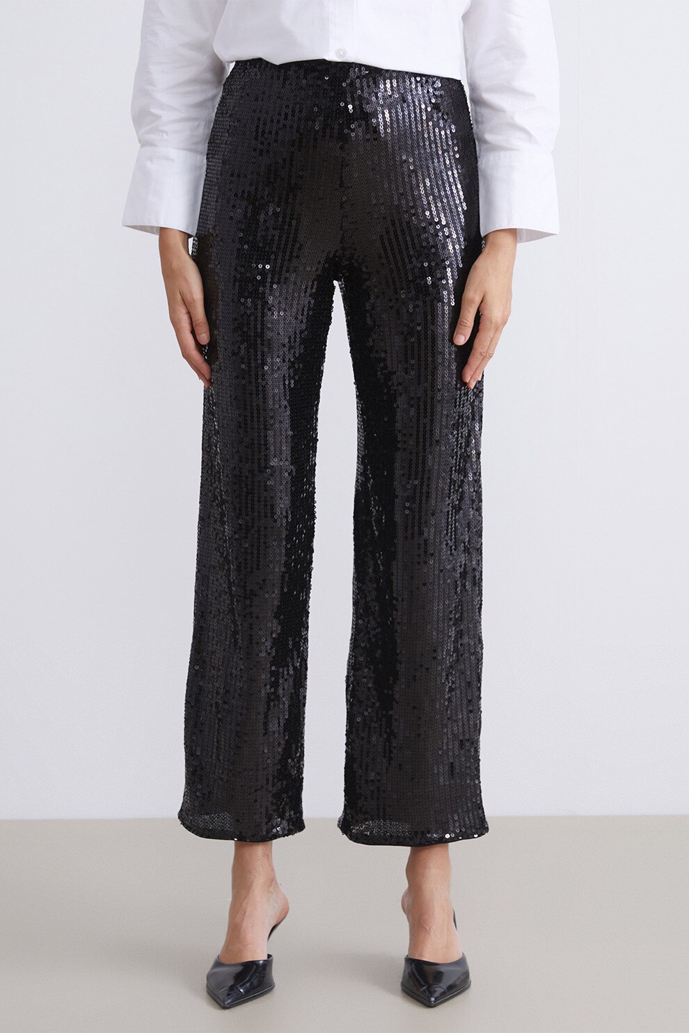 LC WAIKIKI, Pantaloni crop cu paiete, Negru, S