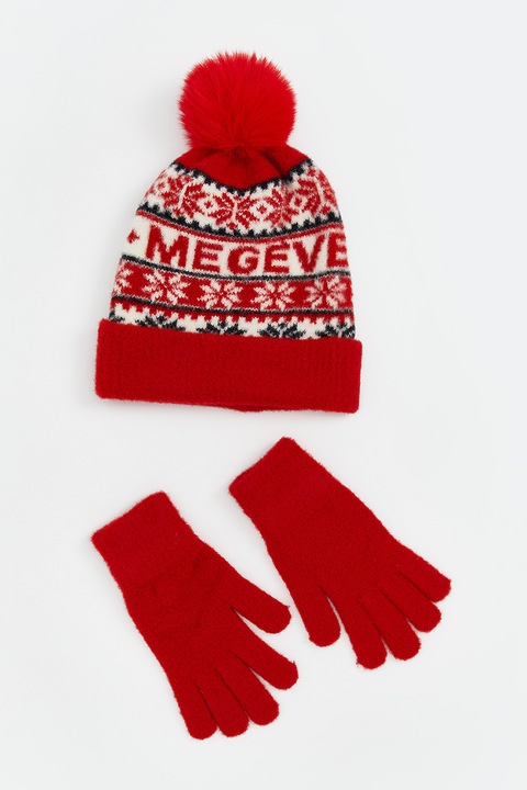 LC WAIKIKI, Set de manusi cu model uni si caciula cu model tematic de Craciun, Rosu, Alb