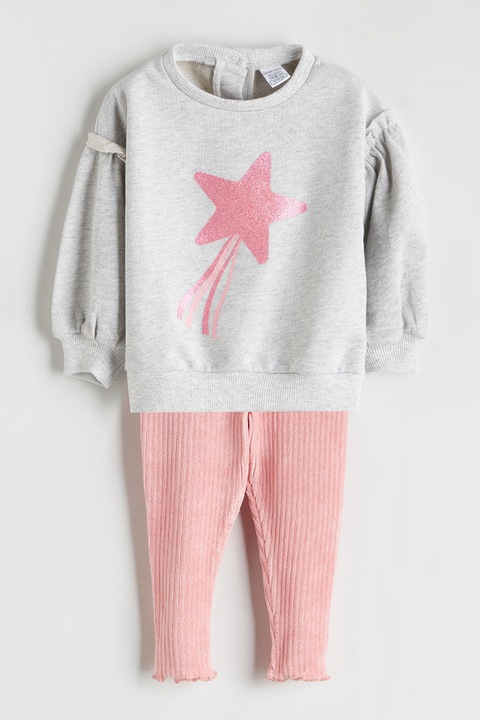 LC WAIKIKI, Set de bluza de trening cu imprimeu stea si colanti, Gri melange/Roz, 68-74 CM