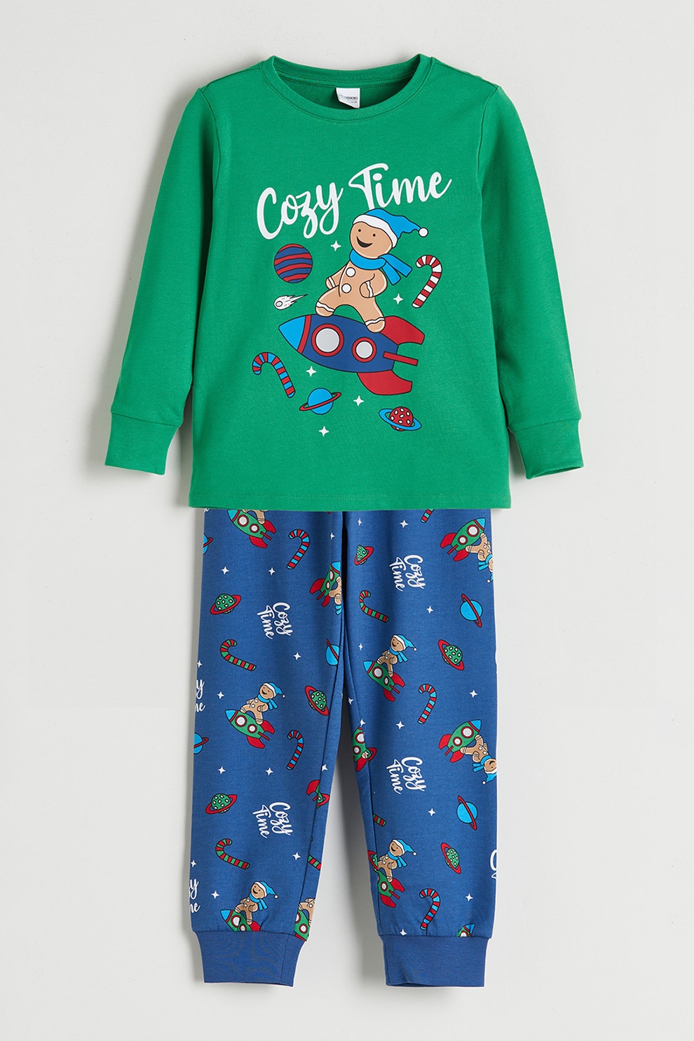 LC WAIKIKI, Pijama de bumbac cu tematica de Craciun, Verde, Albastru, 98-104 CM