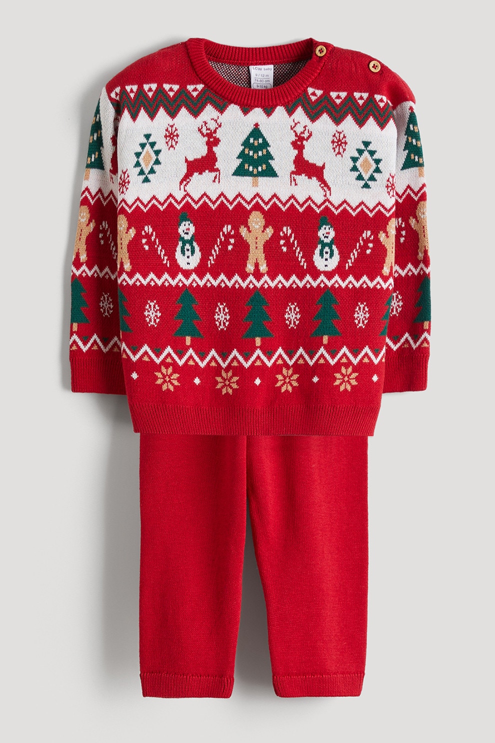 LC WAIKIKI, Set de pantaloni si pulover de bumbac, Rosu, Alb, 86-92 CM