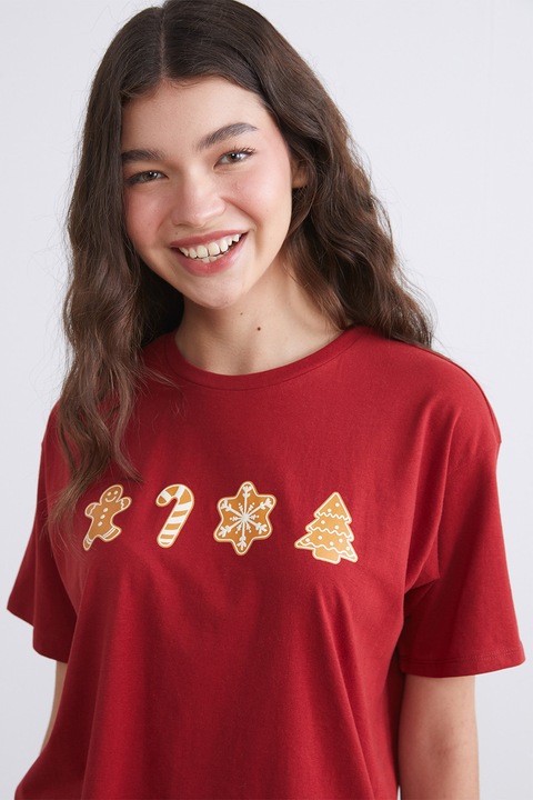 LC WAIKIKI, Tricou de bumbac cu imprimeu, Rosu