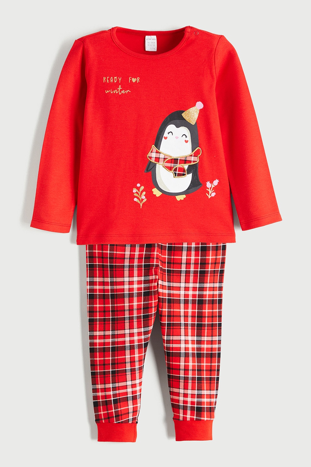 LC WAIKIKI, Pijama de bumbac cu tematica de Craciun, Rosu vermillion, 74-80 CM