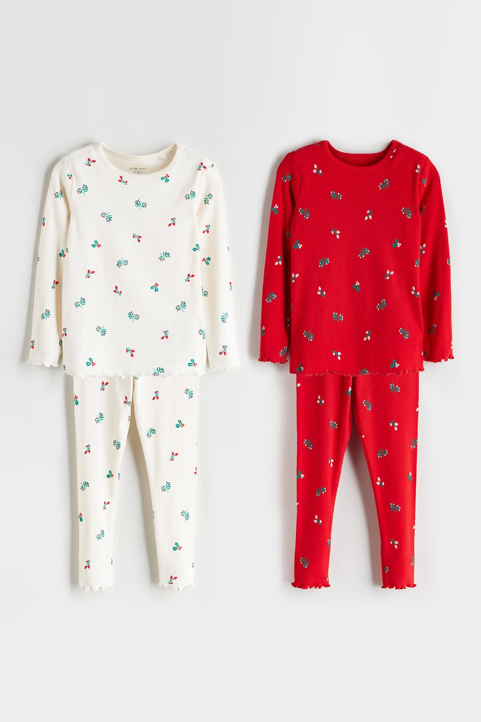 LC WAIKIKI, Set de pijama cu model si maneci lungi, 2 piese, Alb, Rosu vermillion, 80-86 CM