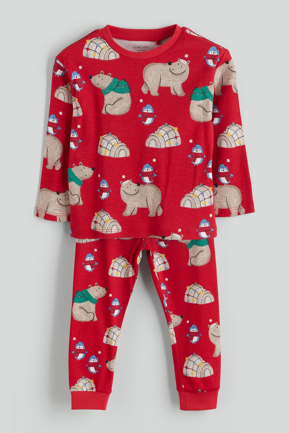 LC WAIKIKI, Pijama de bumbac cu tematica de Craciun si maneci lungi, Rosu vermillion, 80-86 CM