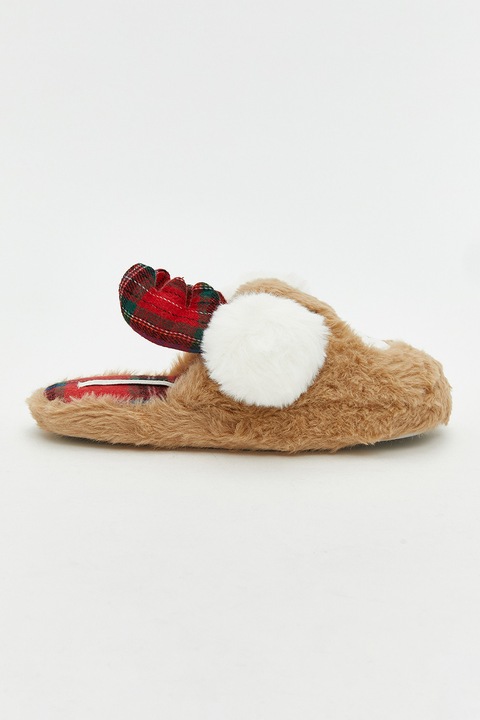 LC WAIKIKI, Papuci pufosi cu design de Craciun, Rosu/Alb/Bej