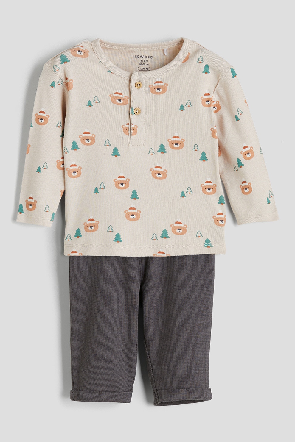 LC WAIKIKI, Set de bluza si pantaloni -2 piese, Crem, Gri inchis, 74-80 CM