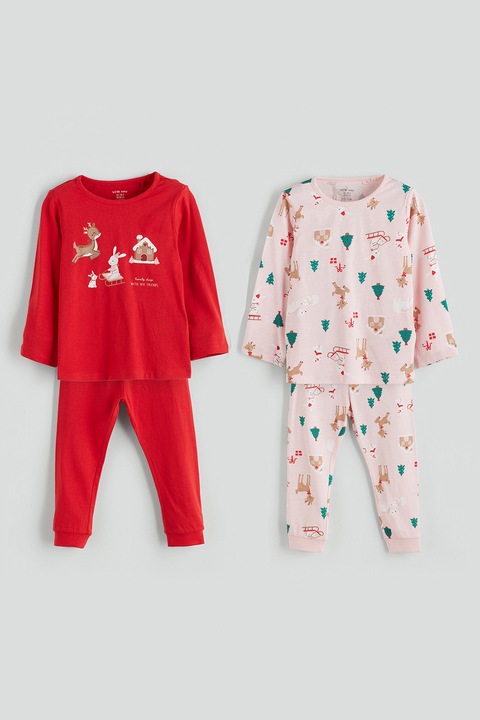 LC WAIKIKI, Set pijama cu pantaloni lungi - 2 perechi, Rosu/Roz pastel/Verde feriga