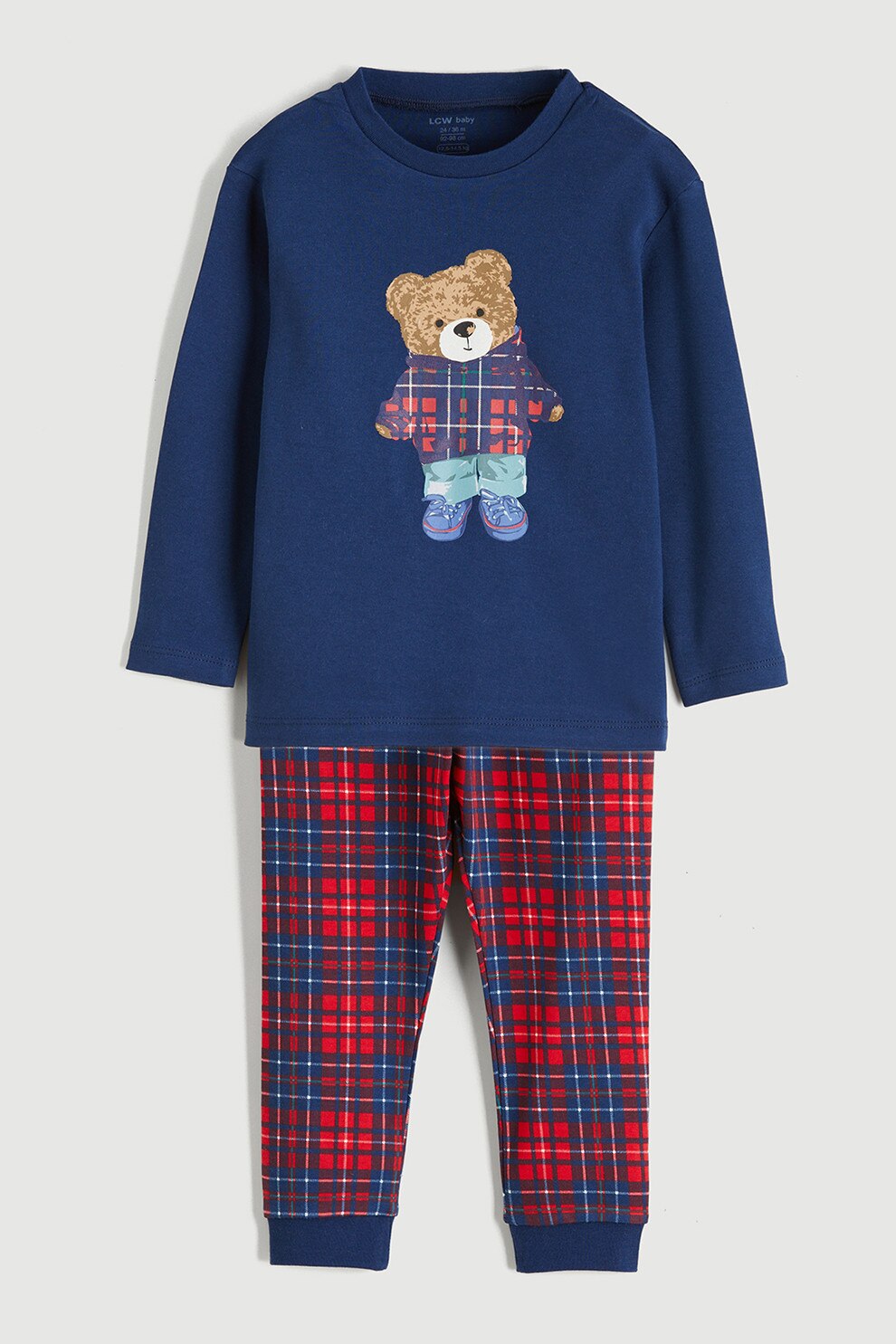 LC WAIKIKI, Pijama lunga de bumbac cu model, Rosu, Albastru, 74-80 CM