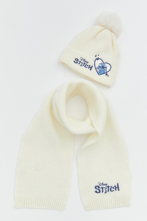 LC WAIKIKI, Set de caciula si manusi cu imprimeu Stitch, Albastru inchis/Galben pal