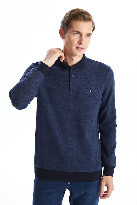 LC WAIKIKI, Pulover din amestec de bumbac cu fenta cu nasturi, Albastru inchis