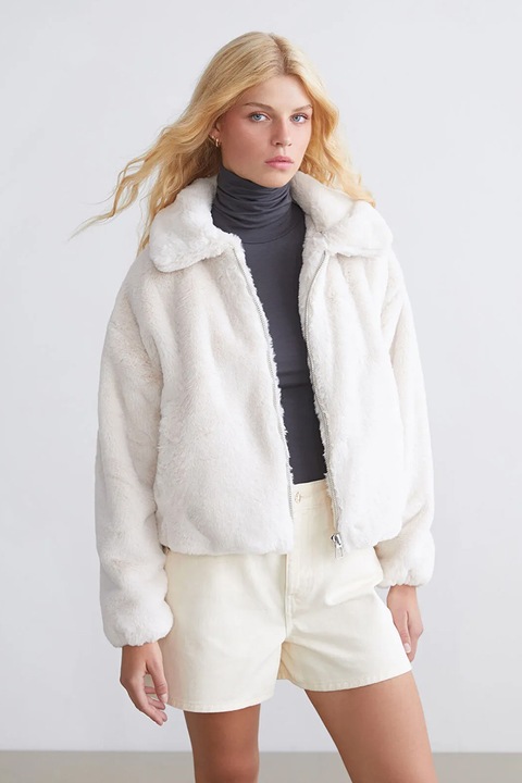 LC WAIKIKI, Palton din material teddy cu fermoar, Crem