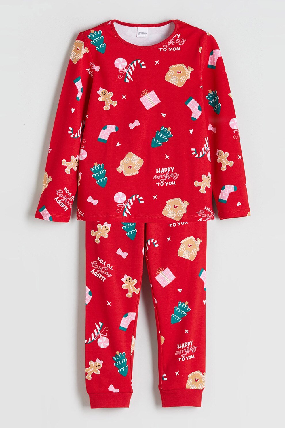 LC WAIKIKI, Pijama cu decolteu la baza gatului si imprimeu grafic, Rosu, Albastru petrol, Bej deschis, 146-152 CM