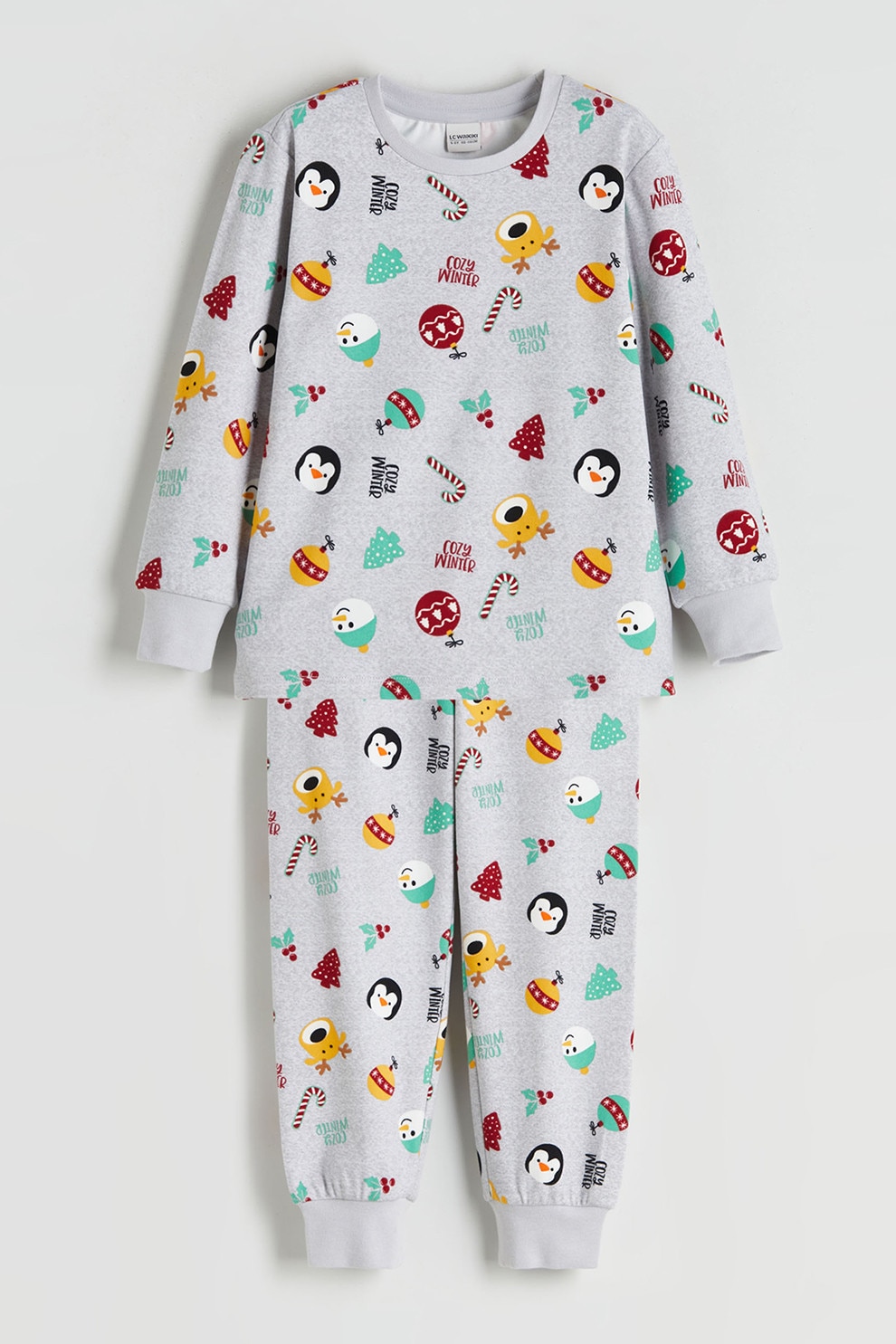 LC WAIKIKI, Pijama cu tematica de Craciun, Rosu, Portocaliu, Gri melange, 98-104 CM