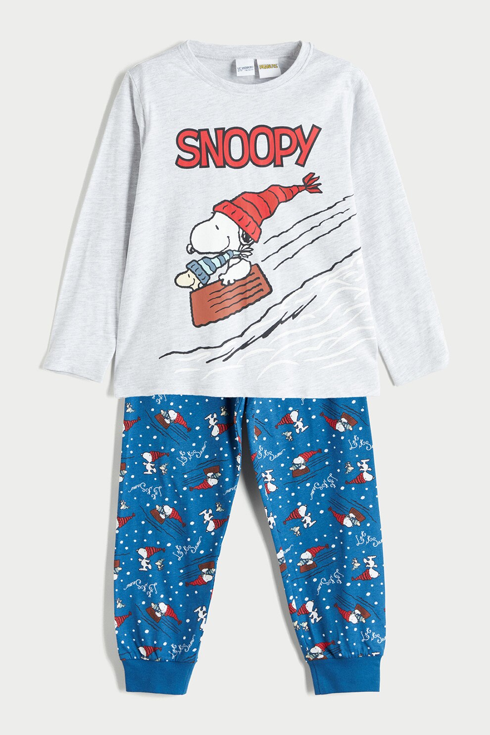 LC WAIKIKI, Pijama din bumbac cu model cu Snoopy, Gri deschis, Albastru, 104-110 CM
