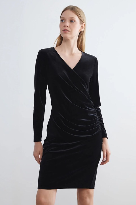 LC WAIKIKI, Rochie de catifea cu decolteu cache-coeur, Negru, 46