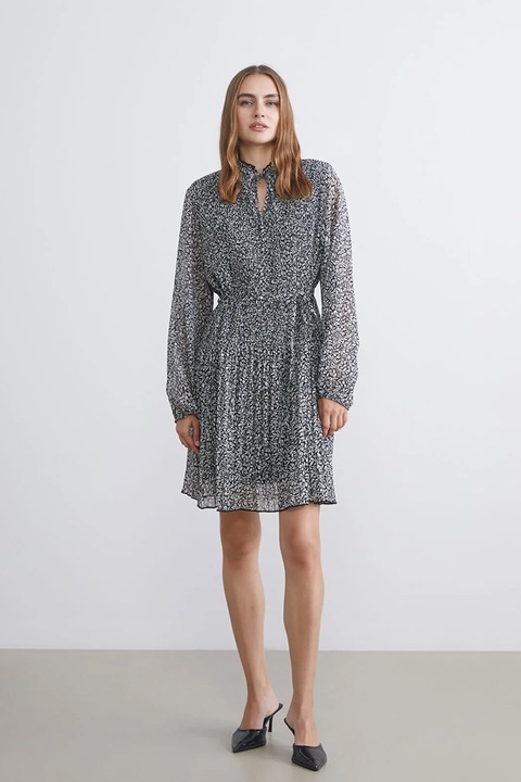 LC WAIKIKI, Rochie vaporoasa cu model si talie ajustabila, Alb/Negru