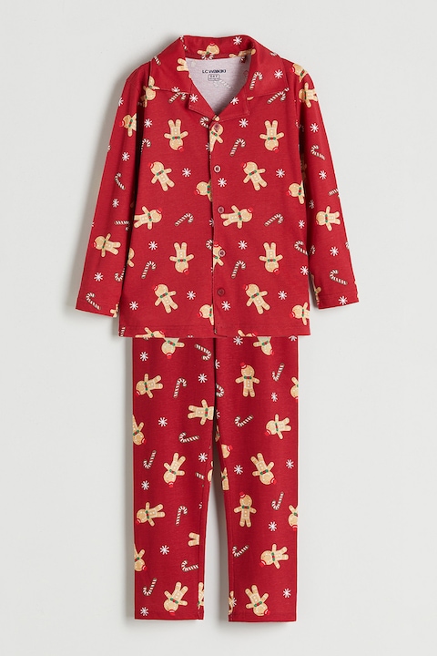 LC WAIKIKI, Pijama lunga din bumbac cu tematica de Craciun, Rosu