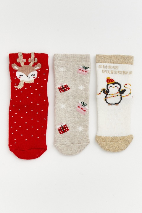 LC WAIKIKI, Set de sosete lungi cu model de Craciun - 3 perechi, Rosu/Alb
