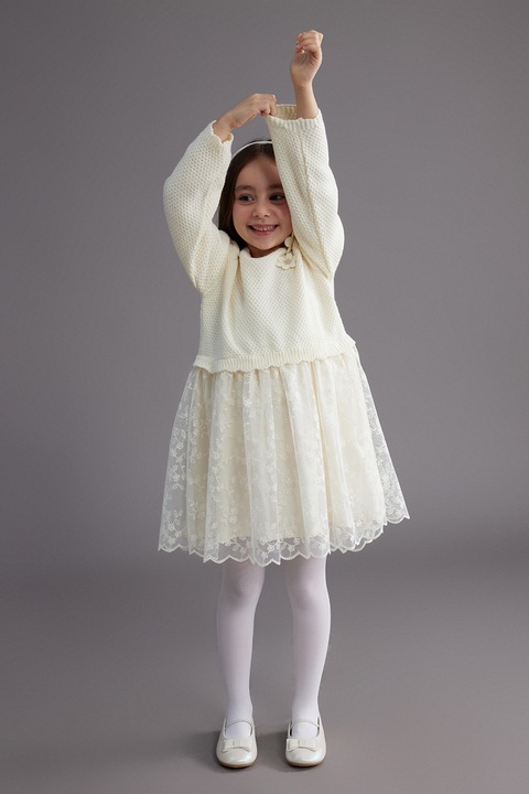 LC WAIKIKI, Rochie cu croiala dreapta si aplicatie cu model floral, Crem, 104-110 CM