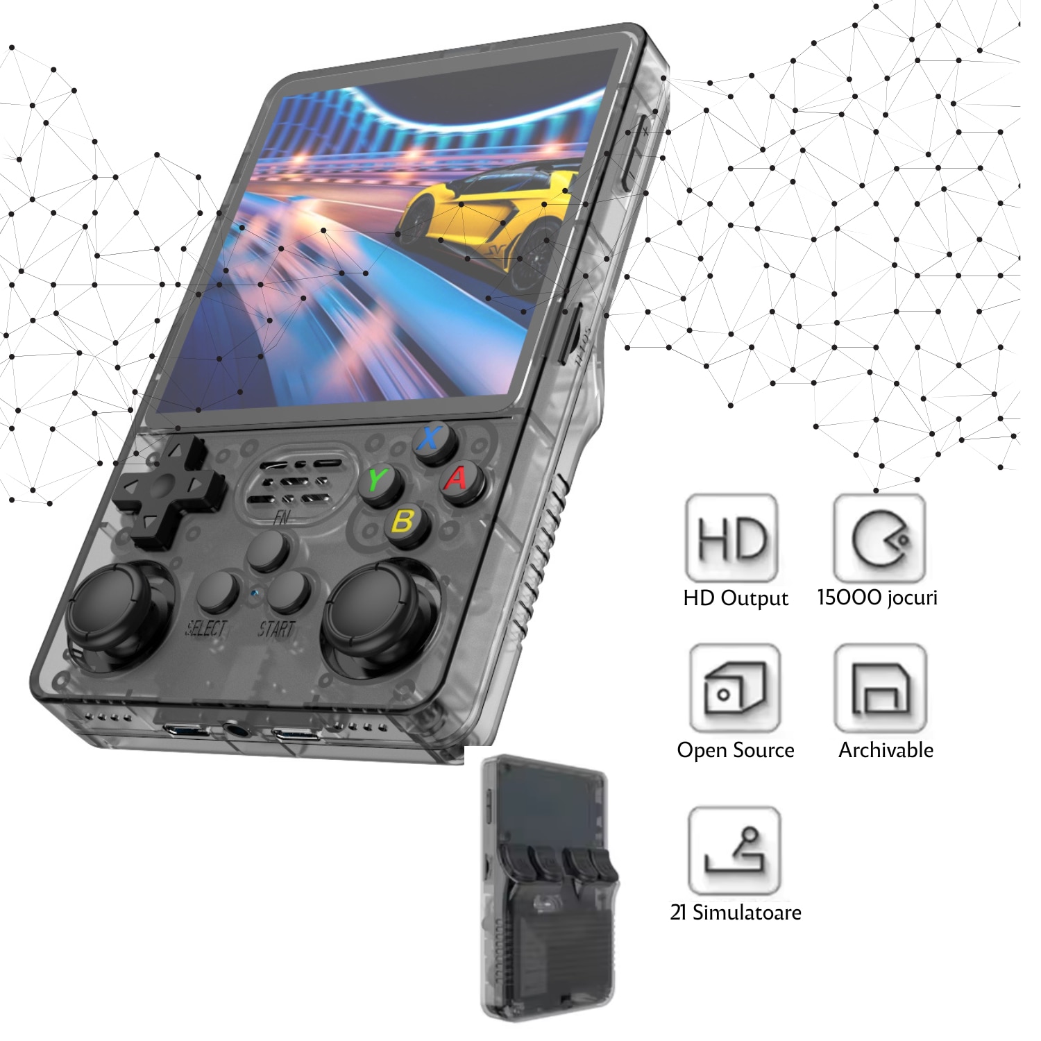 Consola Jocuri Portabila Retro R36S-Open Source, 21 Simulatoare, 15 000 Jocuri Preinstalate, Ecran HD, 3500mAh, Dual Joystick, culoare NEGRU