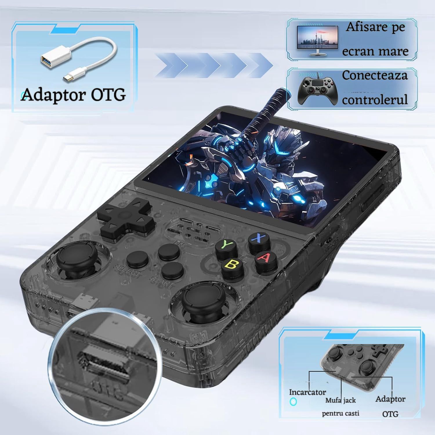 Consola Jocuri Portabila Retro R36S-Open Source, 21 Simulatoare, 15 000 Jocuri Preinstalate, Ecran HD, 3500mAh, Dual Joystick, culoare NEGRU
