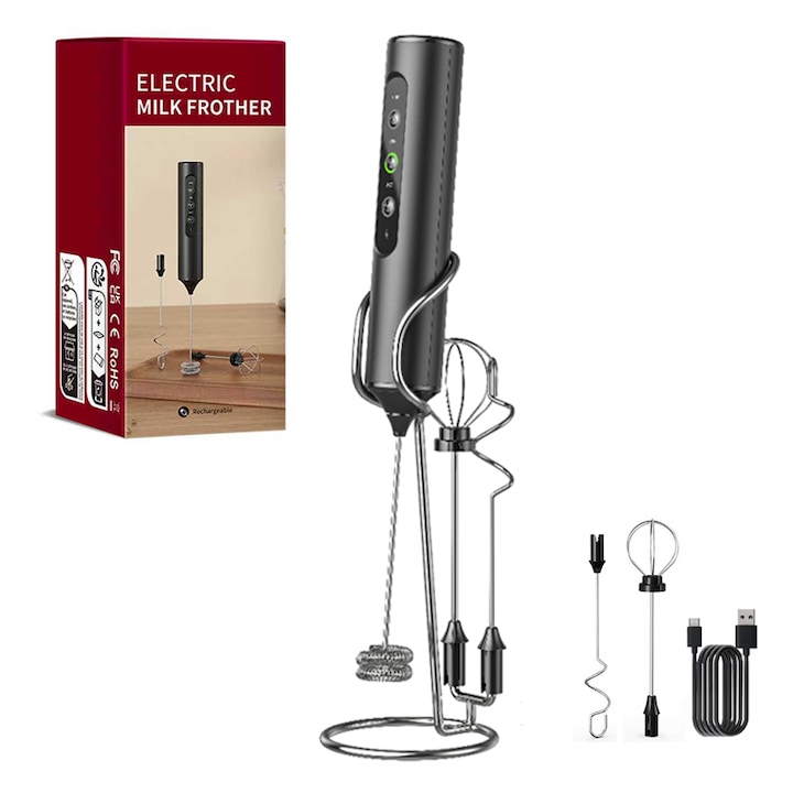 Spumator electric pentru lapte, 3 viteze, constructie din ABS + otel inoxidabil, negru. Setul include 1 unitate + 1 accesoriu pentru batut + 1 accesoriu pentru amestecat