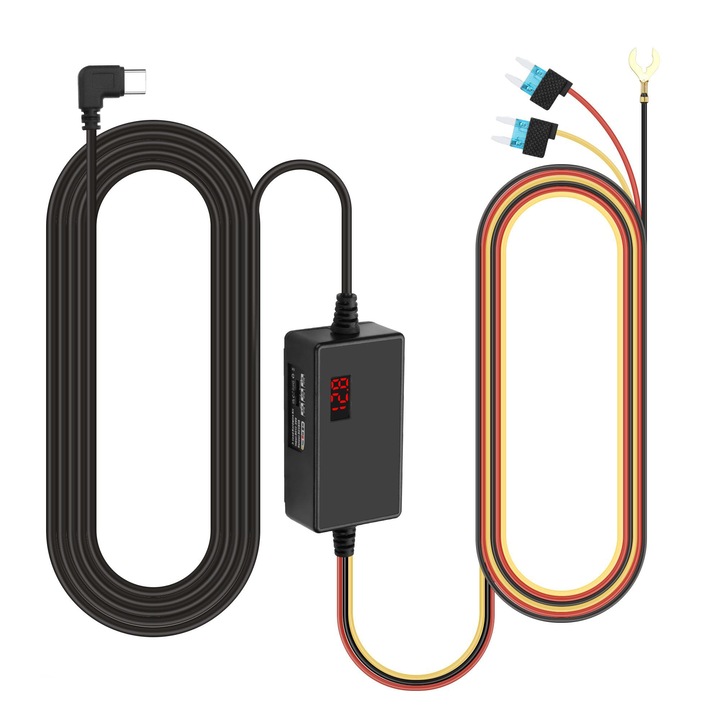 Kit USB-C Pentru Alimentarea Permanenta A Camerei Auto DVR, Usor de instalat, Intrare 12v-24v, Iesire 5v3A, 3.2m, YQLAFT, negru