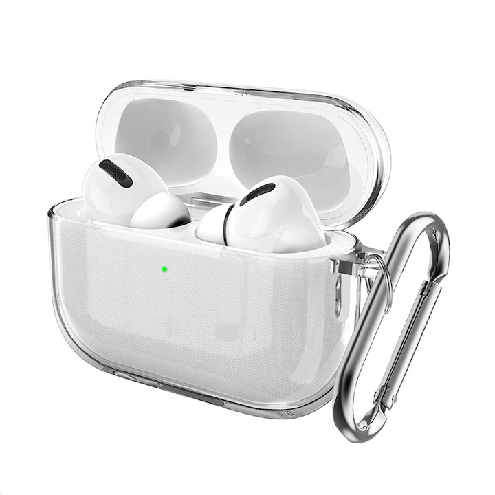 Husă protecție pentru AirPods Pro 3, TPU moale, transparent, cu buclă metalică, set 1 buc