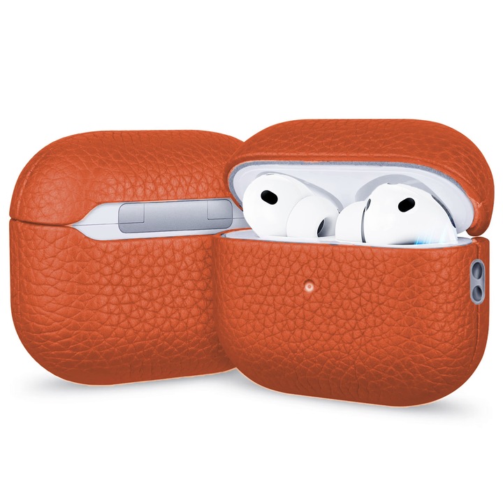Husa pentru Airpods Pro 3 Melkco Luxury din piele naturala, Calitate Premium, Handmade, Portocaliu