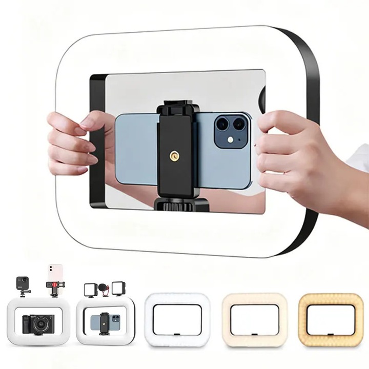 Okostelefon videótartó lámpával, Garsonal®, 45 szín, 20 W, 1500 mAh, 2500 K – 8500 K, alkalmas kamerákhoz, okostelefonhoz/YouTube-hoz, TikTok videófelvételhez, sminkeléshez, Fehér