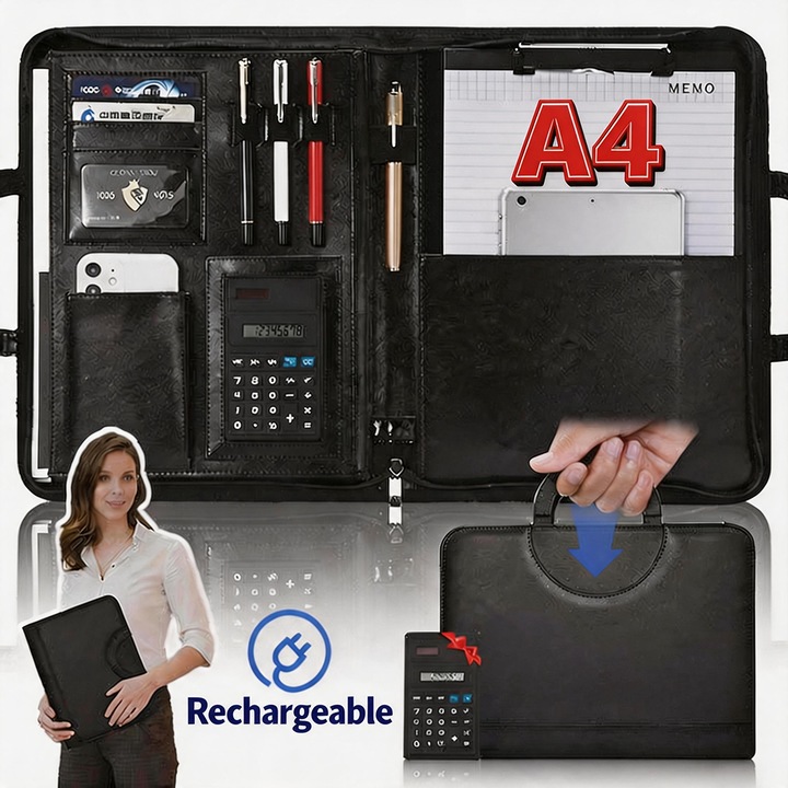 Dosar Clipboard Dublu Din Piele, Tressino, A4, Cu clip metal, 4 slot pentru card, Inel de stilou, Folder din piele cu calculatoare, Cu fermoar, Rezistent la apa, Potrivit pentru afaceri, Conferinta, Calatorii, Birou, PU, 340x250mm, Negru