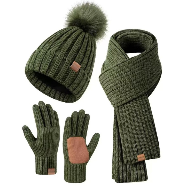 Set caciula, fular si manusi pentru femei, verde militar, 3 in 1