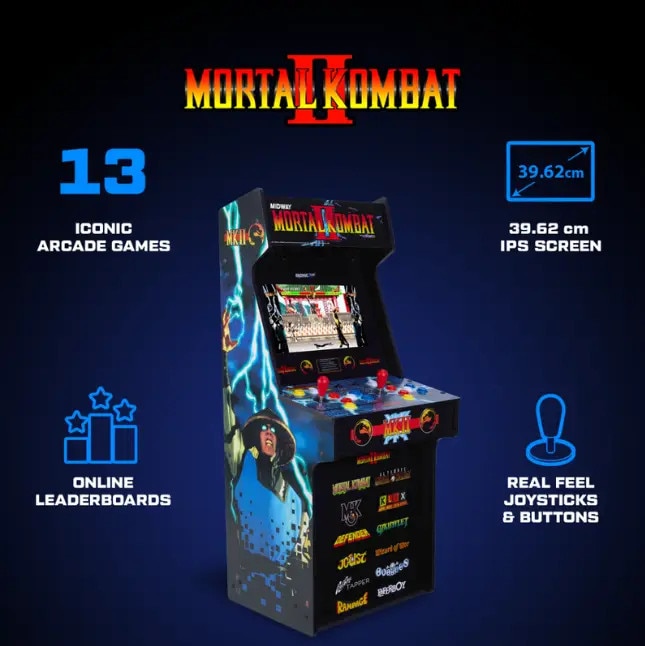 Consola verticala 13 jocuri ARCADE1UP, Mortal Kombat™ II Classic SE, H 115 cm, Wi-Fi, 2 jucatori, online play, grafica retro vibranta, display LCD 15.6 inch, tehnologie IPS, difuzor extern, volum reglabil, potrivit pentru game rooms/birou, multicolor