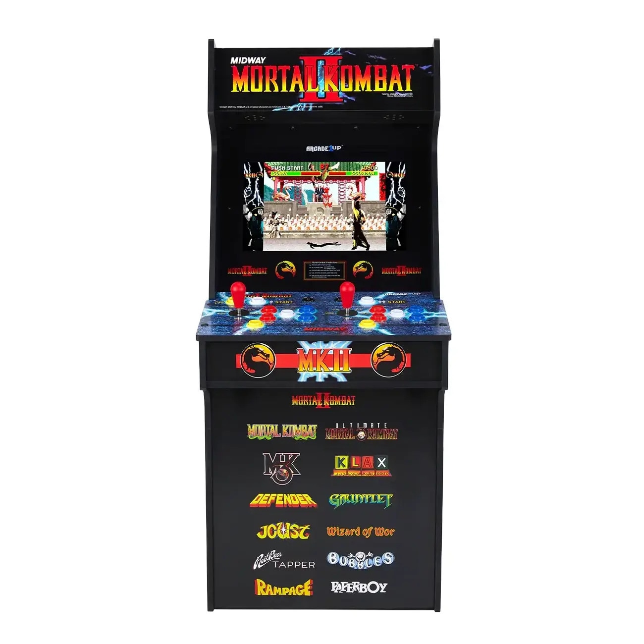 Consola verticala 13 jocuri ARCADE1UP, Mortal Kombat™ II Classic SE, H 115 cm, Wi-Fi, 2 jucatori, online play, grafica retro vibranta, display LCD 15.6 inch, tehnologie IPS, difuzor extern, volum reglabil, potrivit pentru game rooms/birou, multicolor